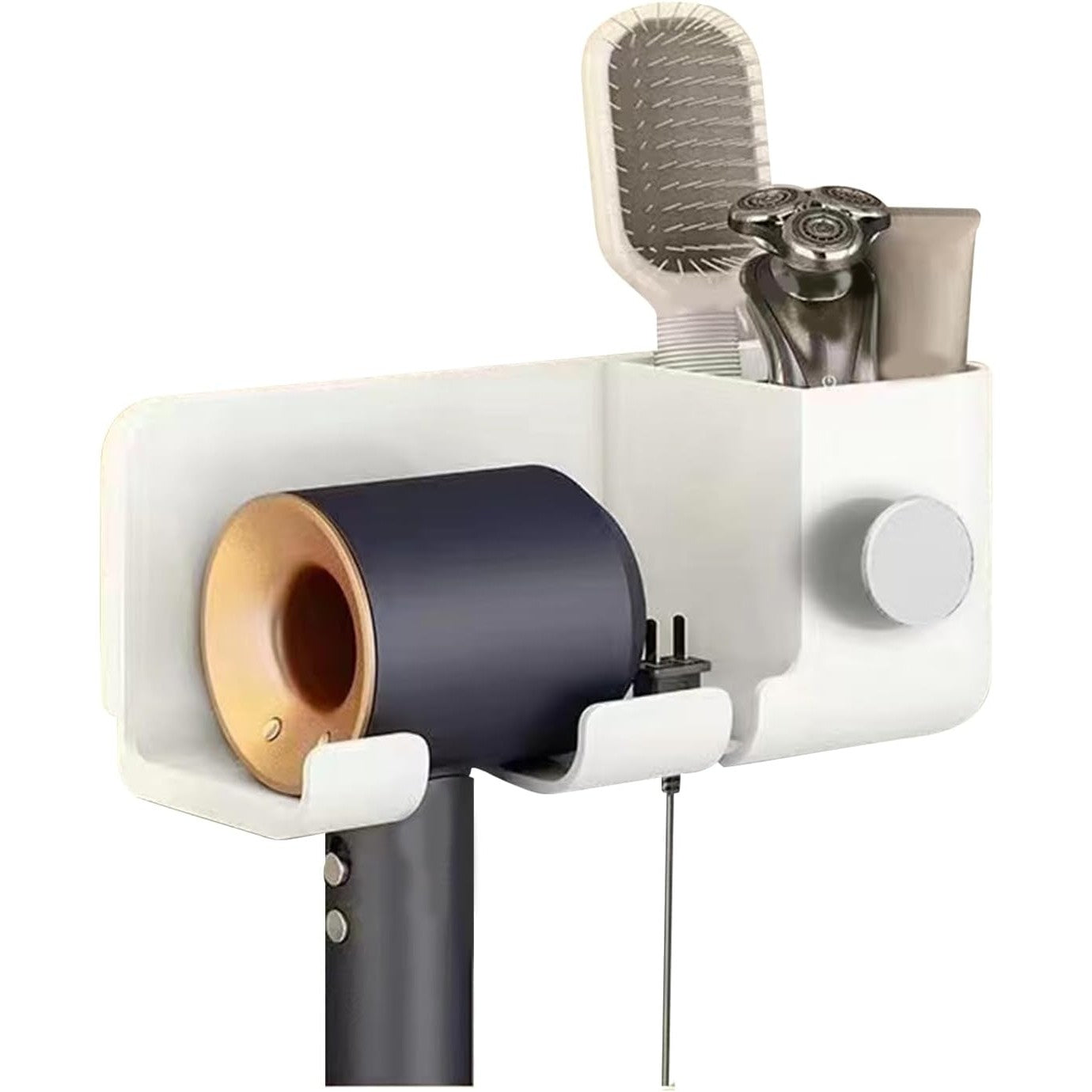 Suport de Baie, Kadeny, pentru Uscator de Par, cu Organizator Dublu, din Plastic, Aplicare cu Suport Adeziv, 23 x 8.8 x 9.5 cm, Alb