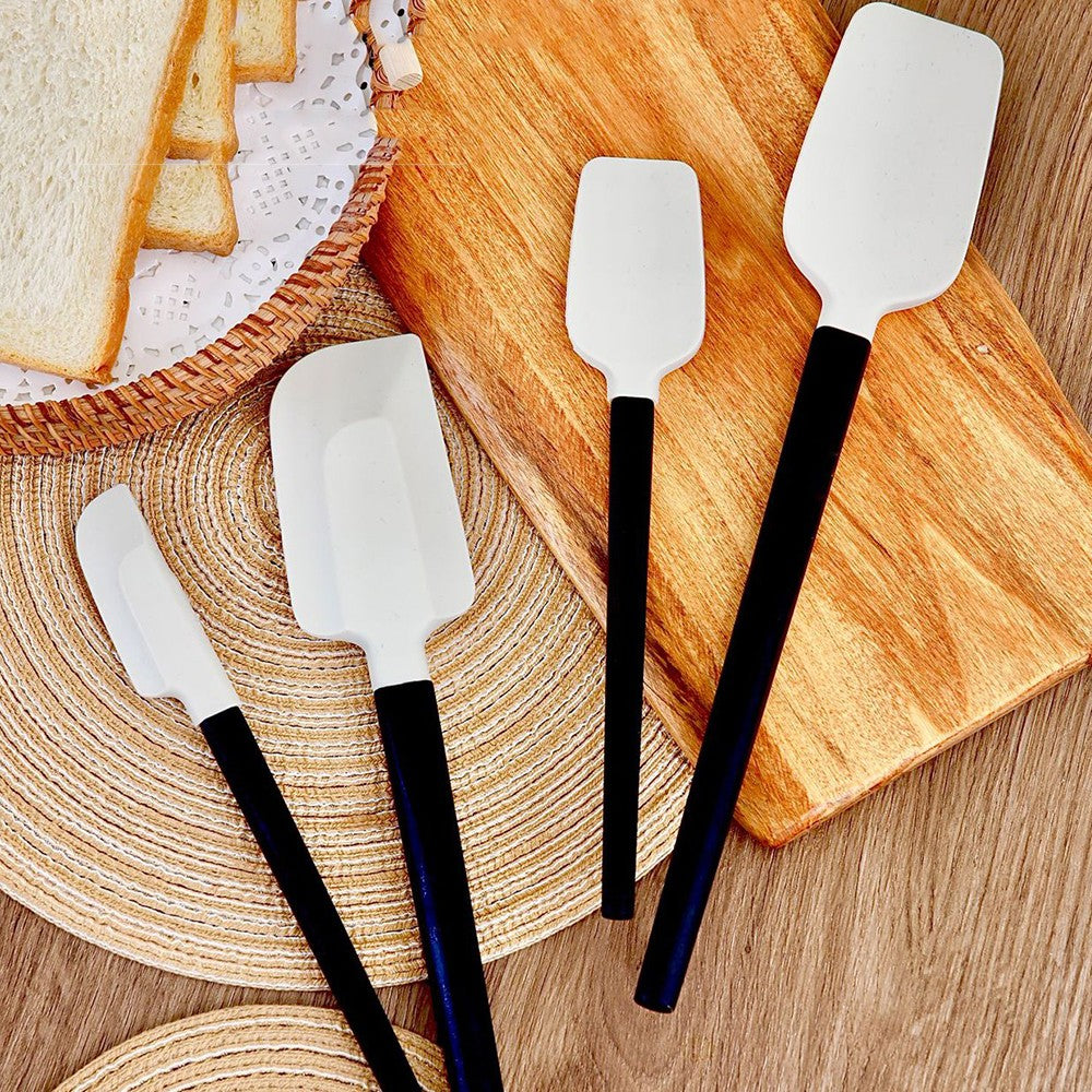 Ustensile de Bucatarie, Kadeny, Set din 4 bucati, din Silicon si Lemn, Spatule de Diferite Dimensiuni, Termo rezistente, Antiaderente, Instrument de Amestecat in Bucatarie, Alb-Negru