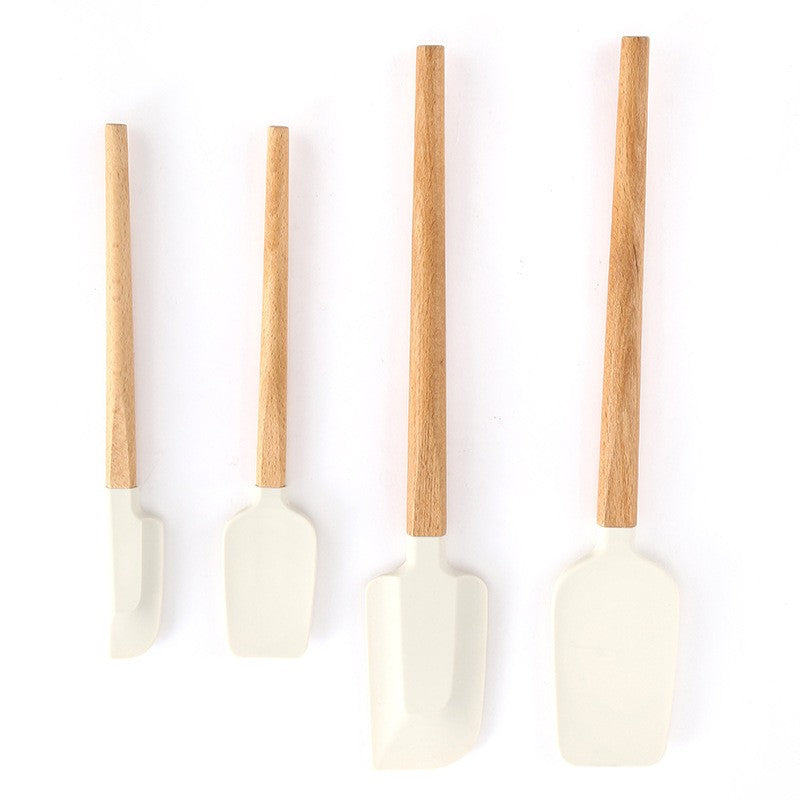 Ustensile de Bucatarie, Kadeny, Set din 4 bucati, din Silicon si Lemn, Spatule de Diferite Dimensiuni, Termo rezistente, Antiaderente, Instrument de Amestecat in Bucatarie, Alb-Maro