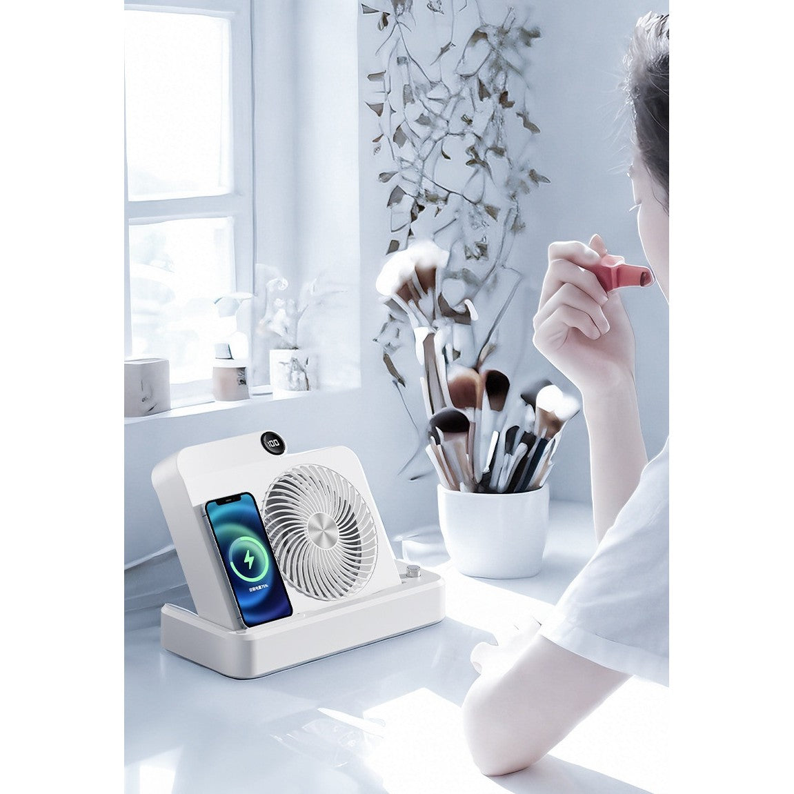 Ventilator 2in1, Kadeny, Functie Incarcare Telefon Wireless, 100 Trepte de Viteza, 2400 mAh, 5V, 2A, 25 x 16.5 x 24 cm, Alb