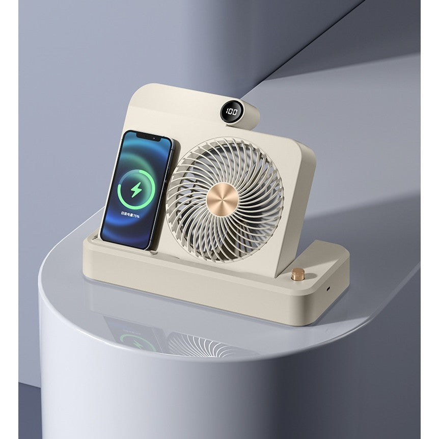 Ventilator 2in1, Kadeny, Functie Incarcare Telefon Wireless, 100 Trepte de Viteza, 2400 mAh, 5V, 2A, 25 x 16.5 x 24 cm, Bej