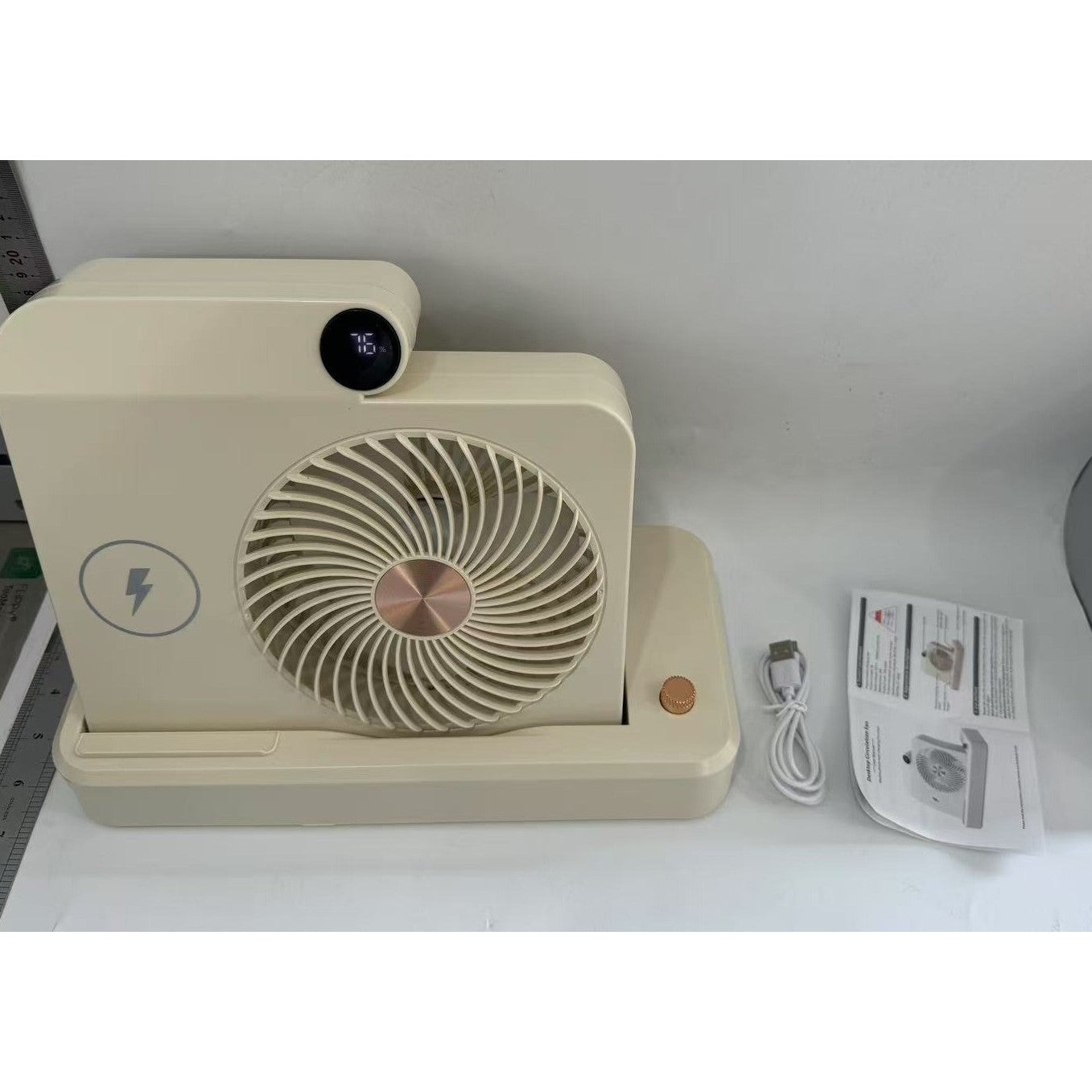 Ventilator 2in1, Kadeny, Functie Incarcare Telefon Wireless, 100 Trepte de Viteza, 2400 mAh, 5V, 2A, 25 x 16.5 x 24 cm, Bej