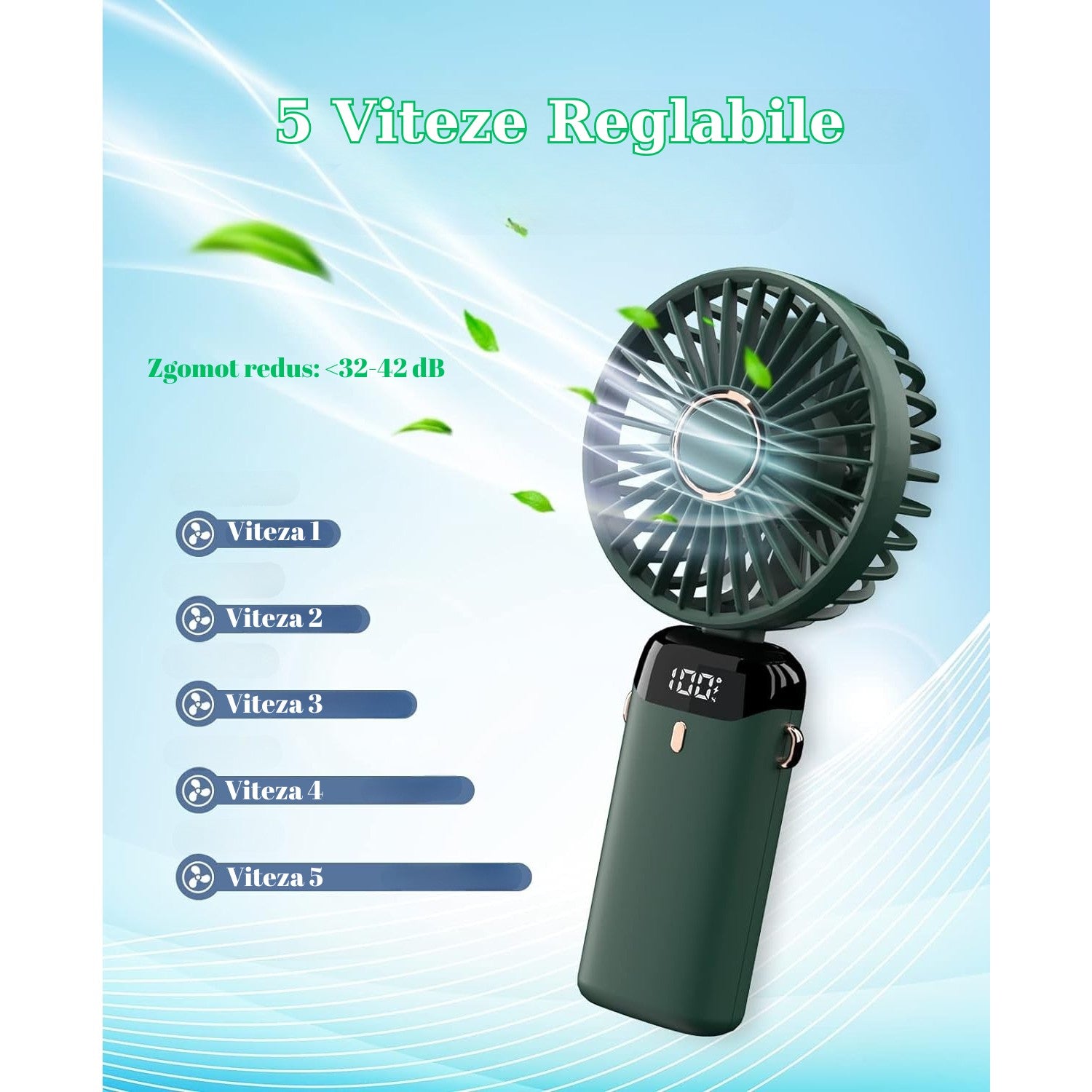 Ventilator Ultra Portabil cu Aromaterapie, Kaveny, 3 in 1, de Mana, de Birou, de Gat, 5 Trepte de Viteza, Incarcare USB, Autonomie 12h, Pliabil, cu Ecran LCD, Verde
