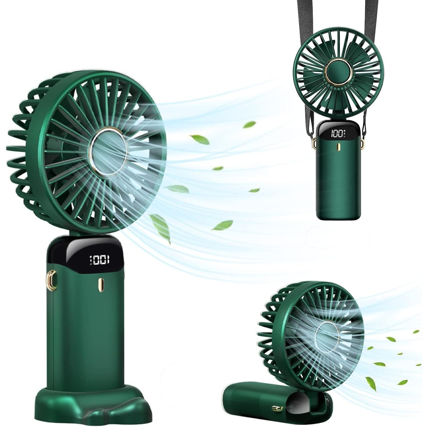 Ventilator Ultra Portabil cu Aromaterapie, Kaveny, 3 in 1, de Mana, de Birou, de Gat, 5 Trepte de Viteza, Incarcare USB, Autonomie 12h, Pliabil, cu Ecran LCD, Verde