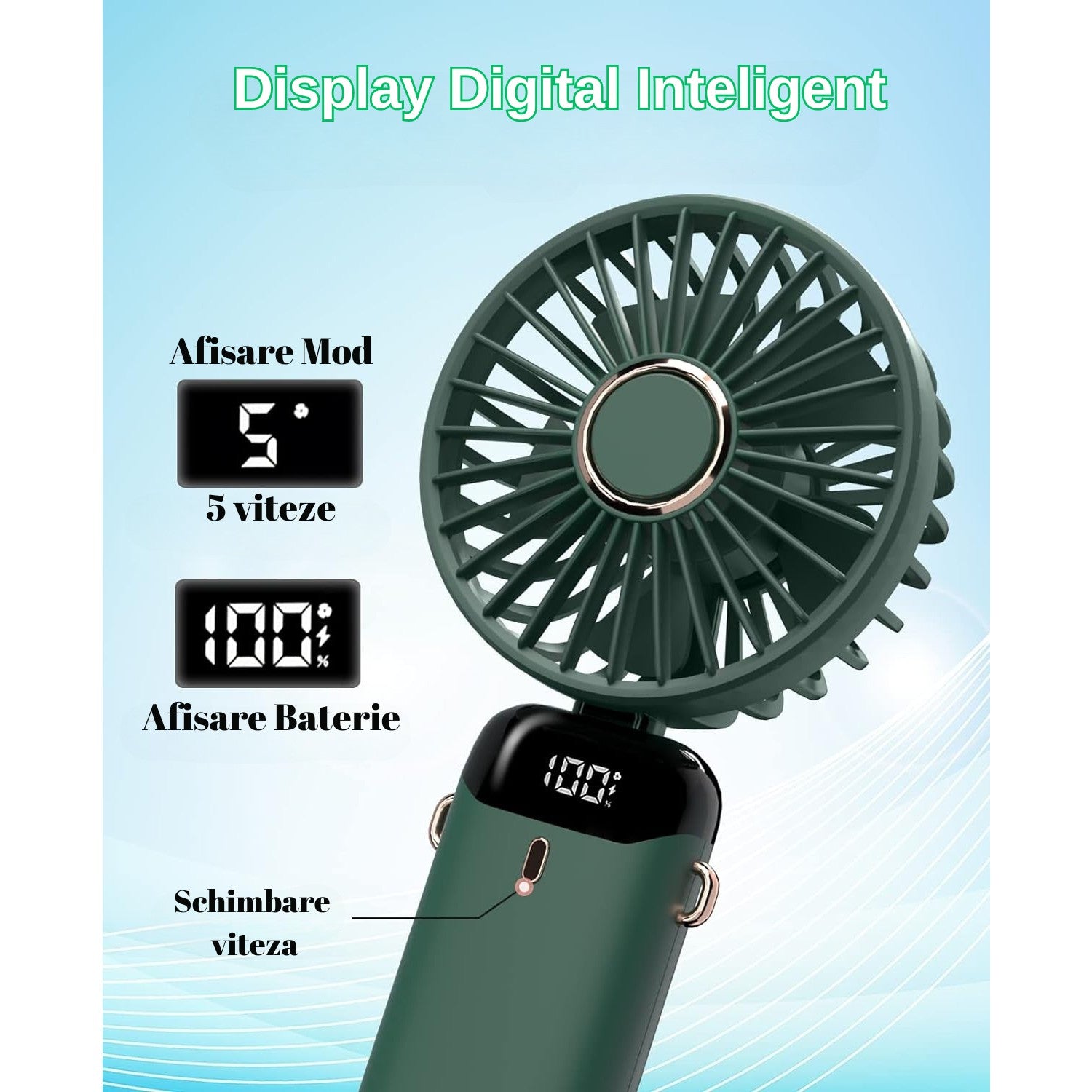 Ventilator Ultra Portabil cu Aromaterapie, Kaveny, 3 in 1, de Mana, de Birou, de Gat, 5 Trepte de Viteza, Incarcare USB, Autonomie 12h, Pliabil, cu Ecran LCD, Verde