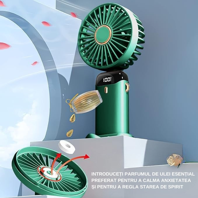 Ventilator Ultra Portabil cu Aromaterapie, Kaveny, 3 in 1, de Mana, de Birou, de Gat, 5 Trepte de Viteza, Incarcare USB, Autonomie 12h, Pliabil, cu Ecran LCD, Verde