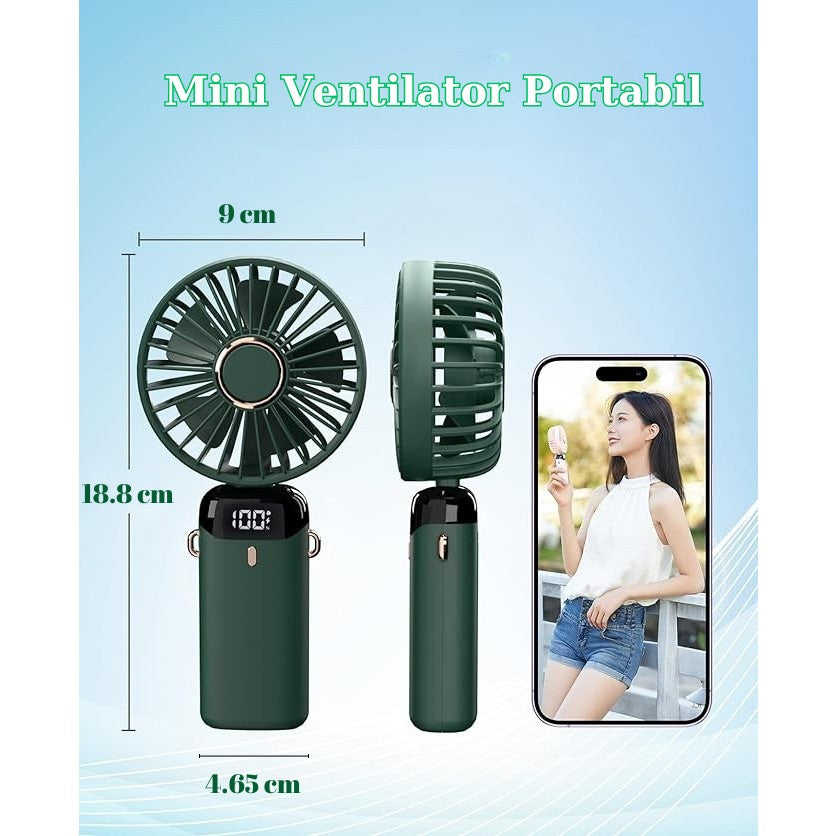 Ventilator Ultra Portabil cu Aromaterapie, Kaveny, 3 in 1, de Mana, de Birou, de Gat, 5 Trepte de Viteza, Incarcare USB, Autonomie 12h, Pliabil, cu Ecran LCD, Verde