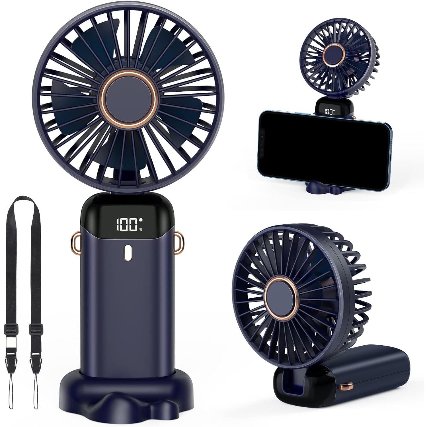 Ventilator Ultra Portabil cu Aromaterapie, Kaveny, 3 in 1, de Mana, de Birou, de Gat, 5 Trepte de Viteza, Incarcare USB, Autonomie 12h, Pliabil, cu Ecran LCD, Albastru
