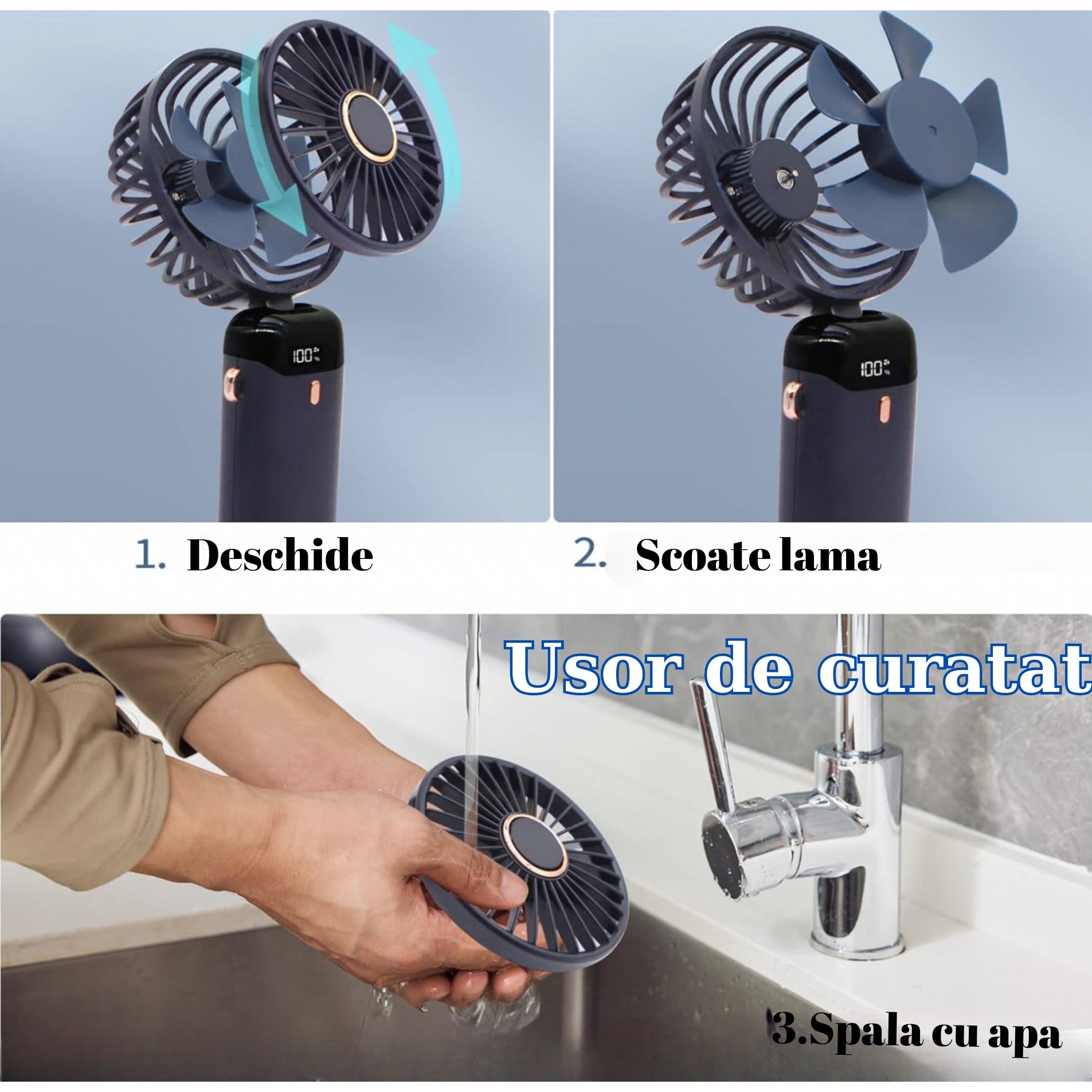 Ventilator Ultra Portabil cu Aromaterapie, Kaveny, 3 in 1, de Mana, de Birou, de Gat, 5 Trepte de Viteza, Incarcare USB, Autonomie 12h, Pliabil, cu Ecran LCD, Albastru