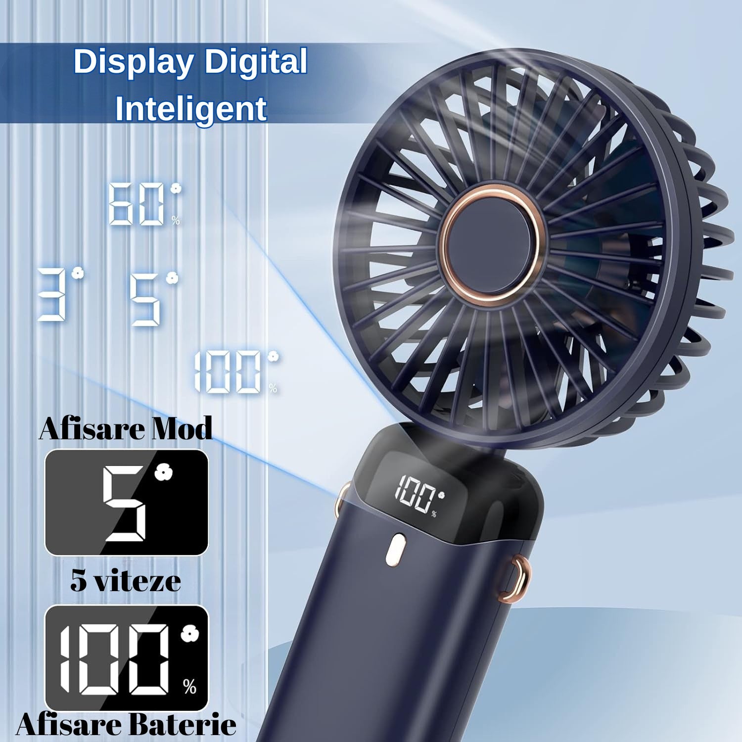 Ventilator Ultra Portabil cu Aromaterapie, Kaveny, 3 in 1, de Mana, de Birou, de Gat, 5 Trepte de Viteza, Incarcare USB, Autonomie 12h, Pliabil, cu Ecran LCD, Albastru