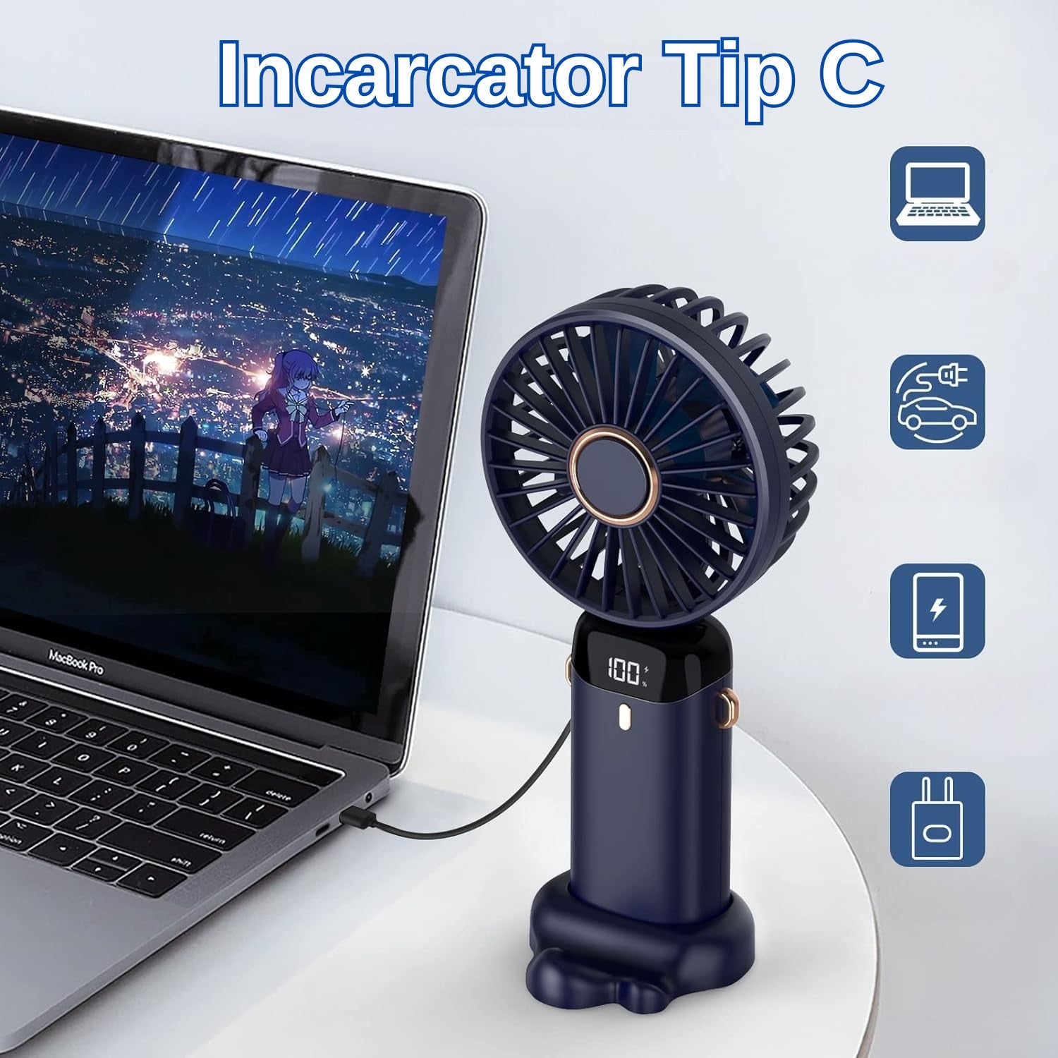 Ventilator Ultra Portabil cu Aromaterapie, Kaveny, 3 in 1, de Mana, de Birou, de Gat, 5 Trepte de Viteza, Incarcare USB, Autonomie 12h, Pliabil, cu Ecran LCD, Albastru