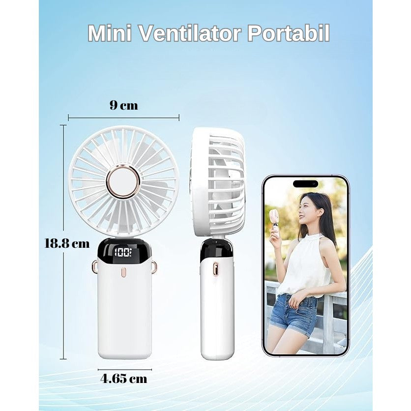 Ventilator Ultra Portabil cu Aromaterapie, Kaveny, 3 in 1, de Mana, de Birou, de Gat, 5 Trepte de Viteza, Incarcare USB, Autonomie 12h, Pliabil, cu Ecran LCD, Alb