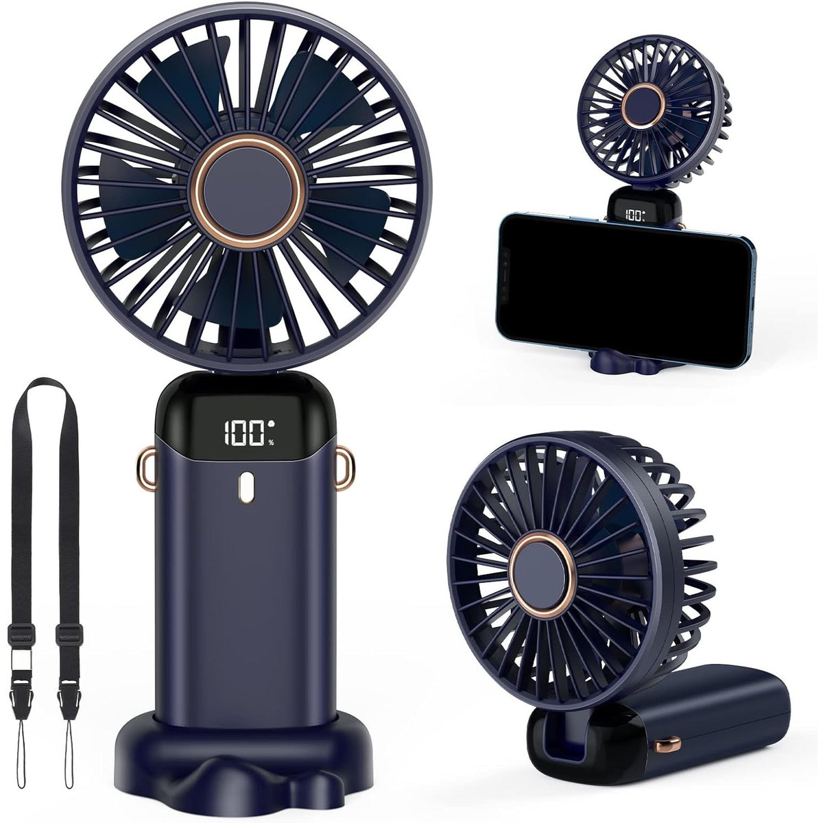Ventilator Ultra Portabil cu Aromaterapie, Kaveny, 3 in 1, de Mana, de Birou, de Gat, 5 Trepte de Viteza, Incarcare USB, Autonomie 12h, Pliabil, cu Ecran LCD, Albastru