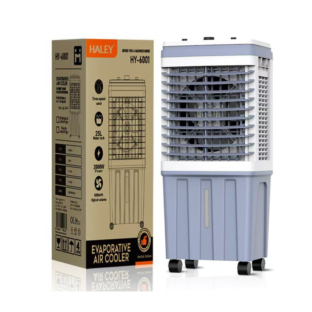 Racitor de Aer Portabil HALEY, 2000W, Rezervor 25L, 3 Viteze, 2 Cutii Gheata, Debit 6000 m³/h, Alb/Gri, Control Mecanic