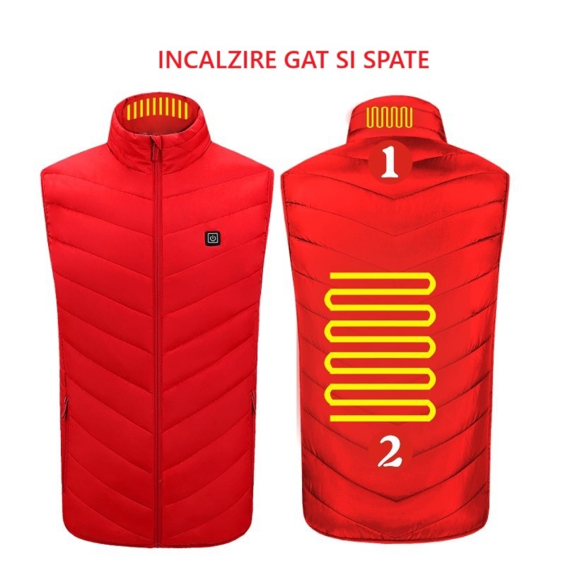 Vesta cu Incalzire, Kaveny, Unisex, 2 Zone de Incalzire, Umplutura Bumbac, 3 Trepte de Temperatura, Incarcare USB, Rosu, 74 - 84 kg, Marime XXXL