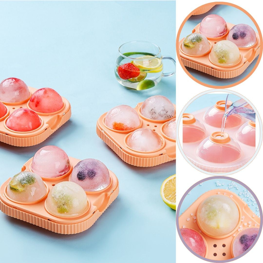 Forma Sfere de Gheata pentru Wiskey si Cocktail-uri Kadeny, 4 Sfere, Material Plastic/Silicon Alimentar, Diametru 6.5 cm, cu Orificiu Tip Palnie pentru Umplere, 17 x 17 x 7 cm, Portocaliu