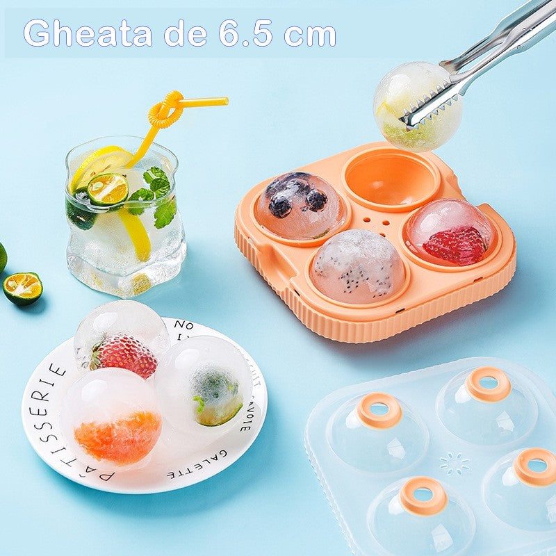 Forma Sfere de Gheata pentru Wiskey si Cocktail-uri Kadeny, 4 Sfere, Material Plastic/Silicon Alimentar, Diametru 6.5 cm, cu Orificiu Tip Palnie pentru Umplere, 17 x 17 x 7 cm, Portocaliu