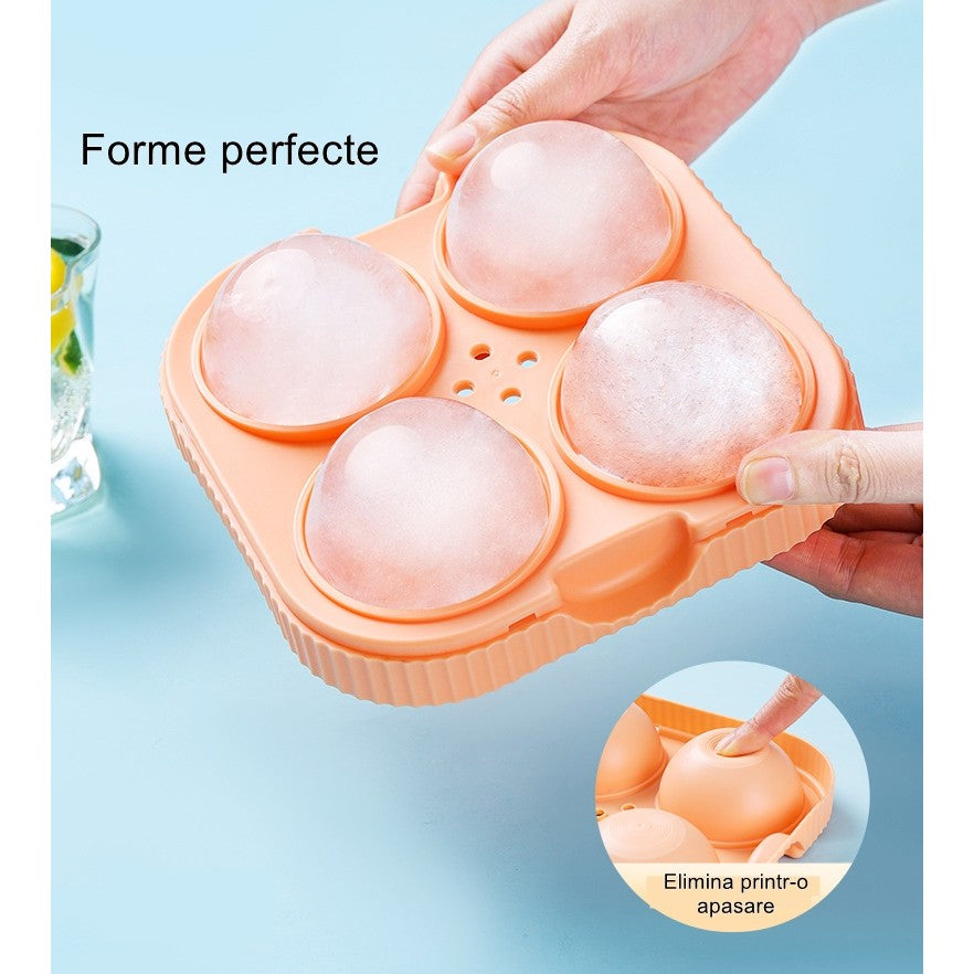 Forma Sfere de Gheata pentru Wiskey si Cocktail-uri Kadeny, 4 Sfere, Material Plastic/Silicon Alimentar, Diametru 6.5 cm, cu Orificiu Tip Palnie pentru Umplere, 17 x 17 x 7 cm, Portocaliu