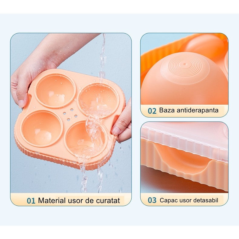 Forma Sfere de Gheata pentru Wiskey si Cocktail-uri Kadeny, 4 Sfere, Material Plastic/Silicon Alimentar, Diametru 6.5 cm, cu Orificiu Tip Palnie pentru Umplere, 17 x 17 x 7 cm, Portocaliu