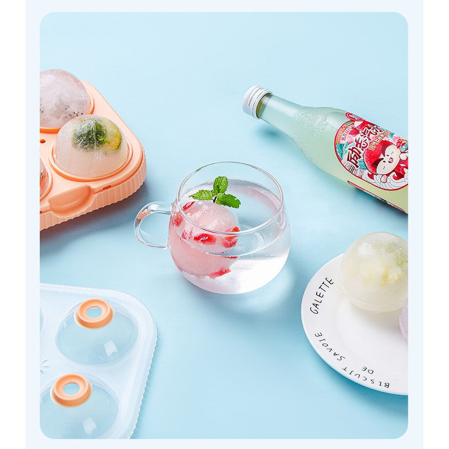 Forma Sfere de Gheata pentru Wiskey si Cocktail-uri Kadeny, 4 Sfere, Material Plastic/Silicon Alimentar, Diametru 6.5 cm, cu Orificiu Tip Palnie pentru Umplere, 17 x 17 x 7 cm, Portocaliu