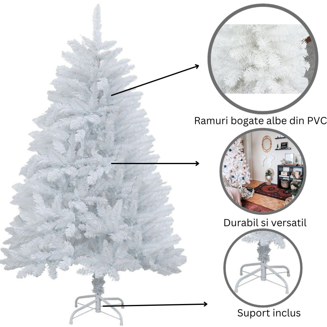 Brad de Craciun artificial cu suport inclus Kadeny, 120 cm, 240 ramuri/varfuri, material plastic, suport clasic, fara iluminare, utilizat pentru interior/exterior, alb