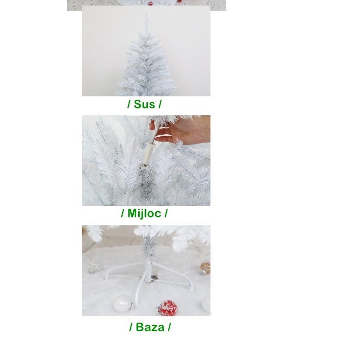 Brad de Craciun artificial cu suport inclus Kadeny, 120 cm, 240 ramuri/varfuri, material plastic, suport clasic, fara iluminare, utilizat pentru interior/exterior, alb