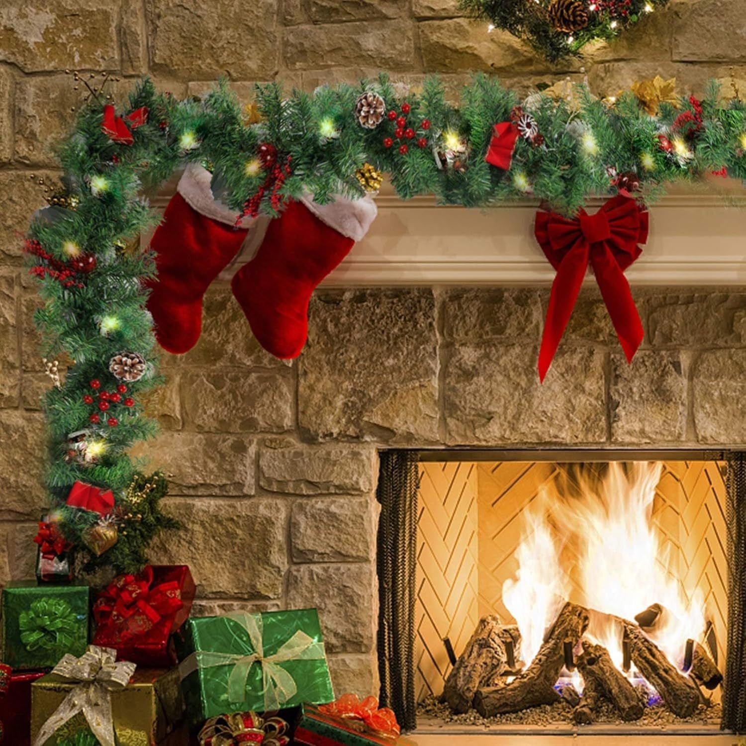 Ghirlanda de Craciun, Kadeny, din Brad Artificial cu Decoratiuni, cu Baterii, 30 LED-uri, 180 cm, Verde