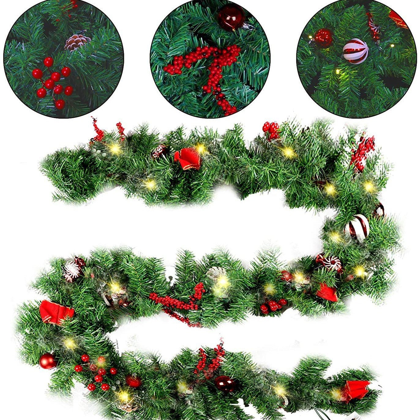 Ghirlanda de Craciun, Kadeny, din Brad Artificial cu Decoratiuni, cu Baterii, 30 LED-uri, 180 cm, Verde