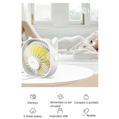 Mini ventilator pentru birou cu usb, Kaveny, rotire 360 grade, 3 viteze, 13.5 x 12,8 cm, Alb