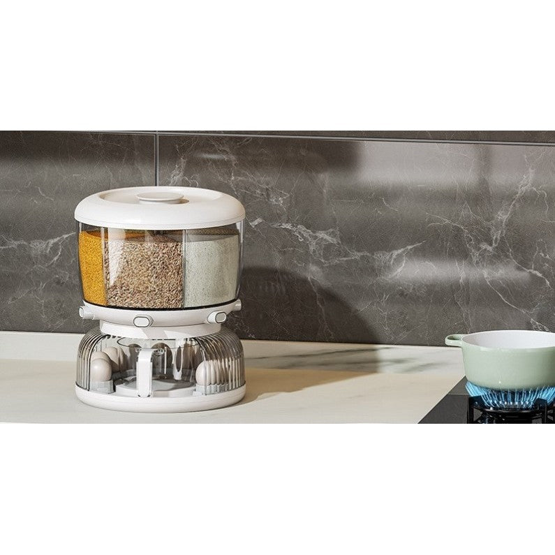 Dozator etajat de cereale Kadeny, rotativ 360, 6 compartimente, capacitate 10L, cofrag special pentru oua, vas pentru scurgerea cerealelor, 35x27.5 cm, alb