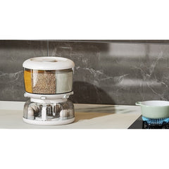 Dozator etajat de cereale Kadeny, rotativ 360, 6 compartimente, capacitate 10L, cofrag special pentru oua, vas pentru scurgerea cerealelor, 35x27.5 cm, alb