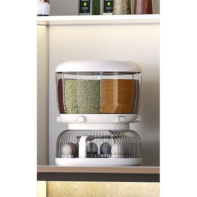 Dozator etajat de cereale Kadeny, rotativ 360, 6 compartimente, capacitate 10L, cofrag special pentru oua, vas pentru scurgerea cerealelor, 35x27.5 cm, alb