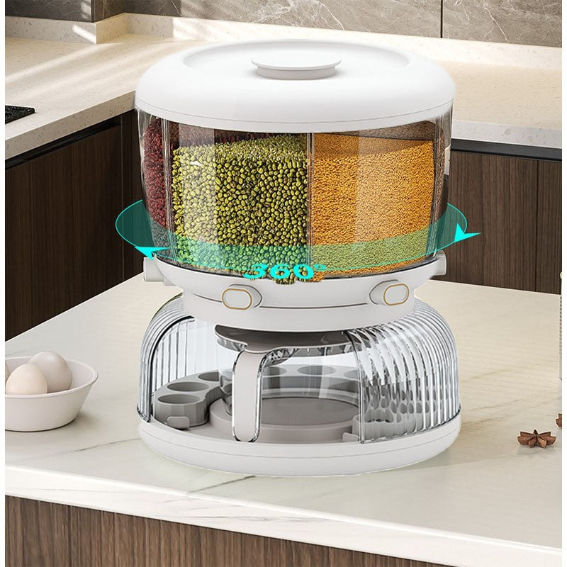 Dozator etajat de cereale Kadeny, rotativ 360, 6 compartimente, capacitate 10L, cofrag special pentru oua, vas pentru scurgerea cerealelor, 35x27.5 cm, alb