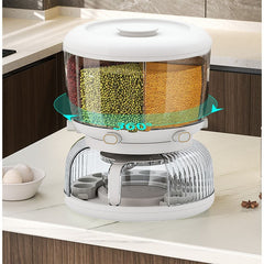 Dozator etajat de cereale Kadeny, rotativ 360, 6 compartimente, capacitate 10L, cofrag special pentru oua, vas pentru scurgerea cerealelor, 35x27.5 cm, alb