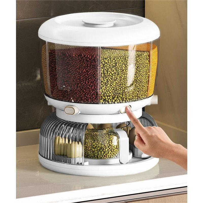 Dozator etajat de cereale Kadeny, rotativ 360, 6 compartimente, capacitate 10L, cofrag special pentru oua, vas pentru scurgerea cerealelor, 35x27.5 cm, alb