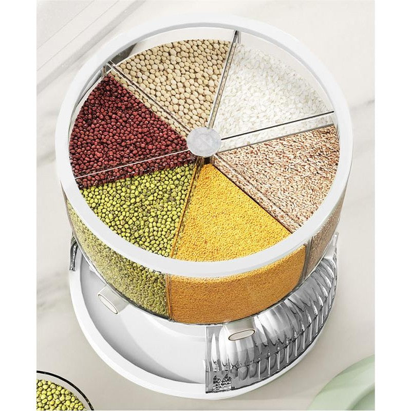 Dozator etajat de cereale Kadeny, rotativ 360, 6 compartimente, capacitate 10L, cofrag special pentru oua, vas pentru scurgerea cerealelor, 35x27.5 cm, alb