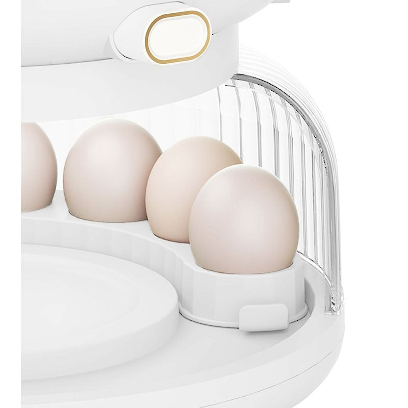 Dozator etajat de cereale Kadeny, rotativ 360, 6 compartimente, capacitate 10L, cofrag special pentru oua, vas pentru scurgerea cerealelor, 35x27.5 cm, alb