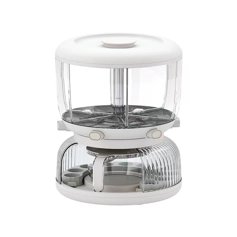 Dozator etajat de cereale Kadeny, rotativ 360, 6 compartimente, capacitate 10L, cofrag special pentru oua, vas pentru scurgerea cerealelor, 35x27.5 cm, alb