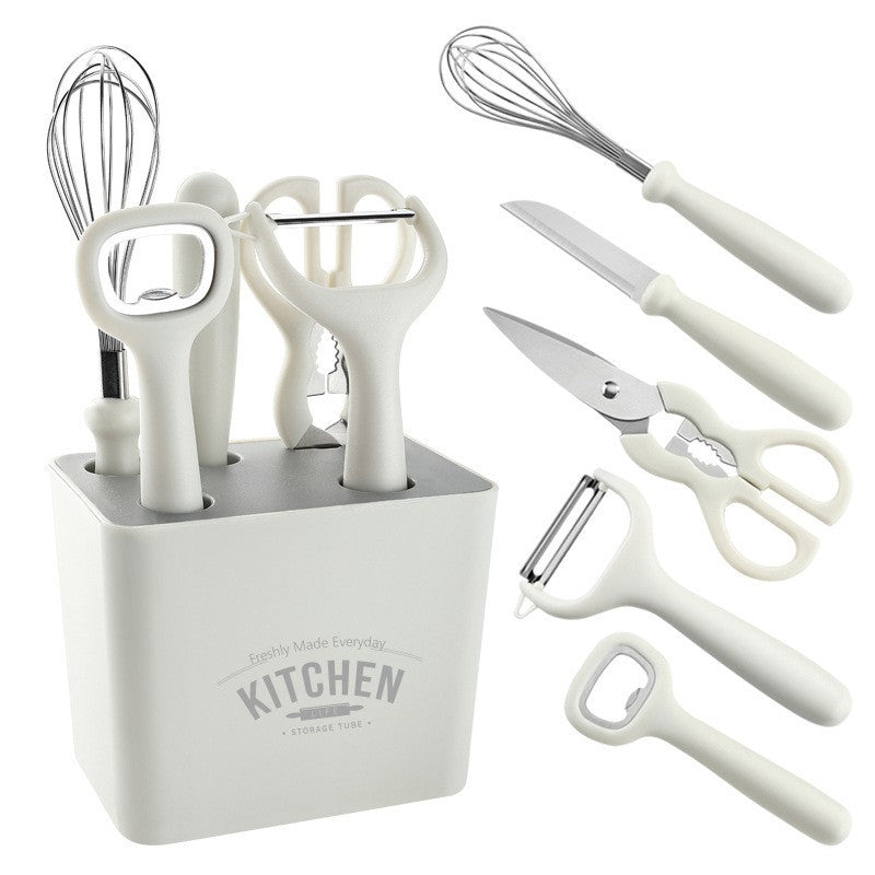 Set 6 ustensile bucatarie Kaveny, cu suport inclus, desfacator, curatator legume, foarfeca, cutit, tel, ABS si inox, alb