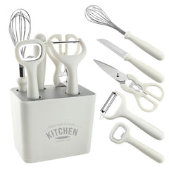 Set 6 ustensile bucatarie Kaveny, cu suport inclus, desfacator, curatator legume, foarfeca, cutit, tel, ABS si inox, alb