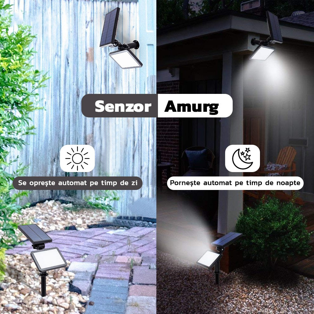 Lampa solara pentru terasa/gradina 48 de LED-uri Kaveny, cu 2 moduri de fixare, senzor de lumina, IP44, material ABS, 5W, 80 lm, 26.5 cm x 14 cm, Alb Rece