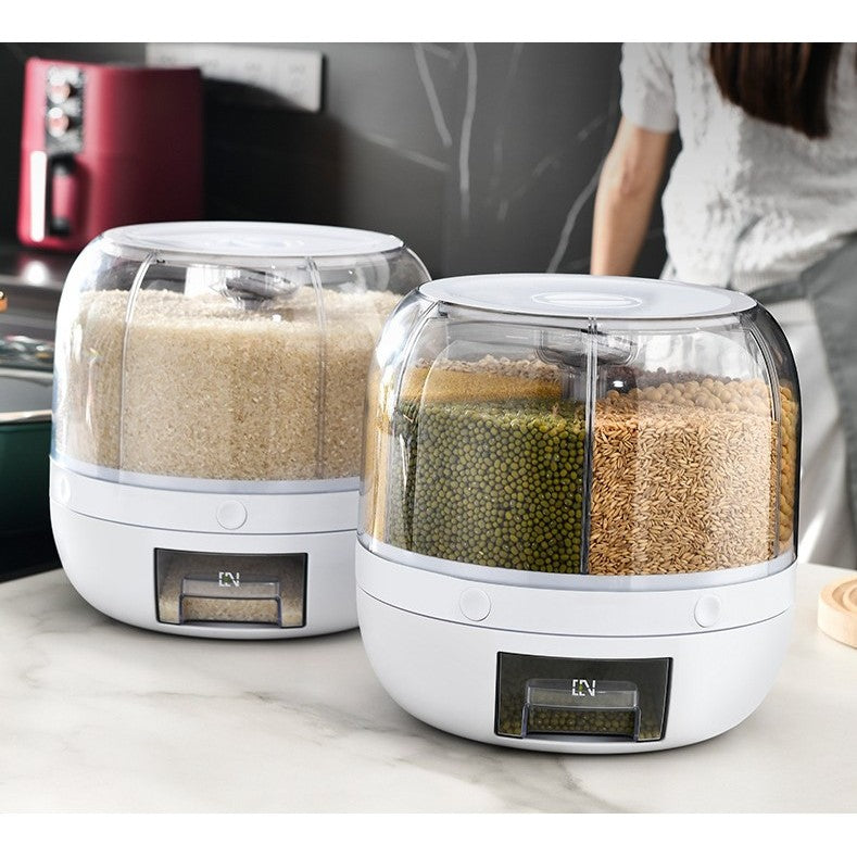 Dozator de cereale Kadeny, rotativ 360, 6 compartimente, capacitate 3 L, rezistent la umezeala, inchidere etansa, alb