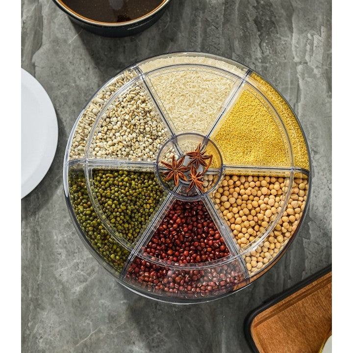 Dozator de cereale Kadeny, rotativ 360, 6 compartimente, capacitate 3 L, rezistent la umezeala, inchidere etansa, alb